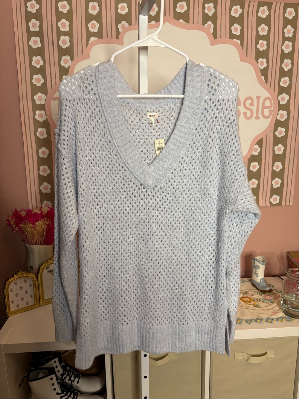 NWT Aerie Cozy V-Neck Open Knit Sweater - Light Blue